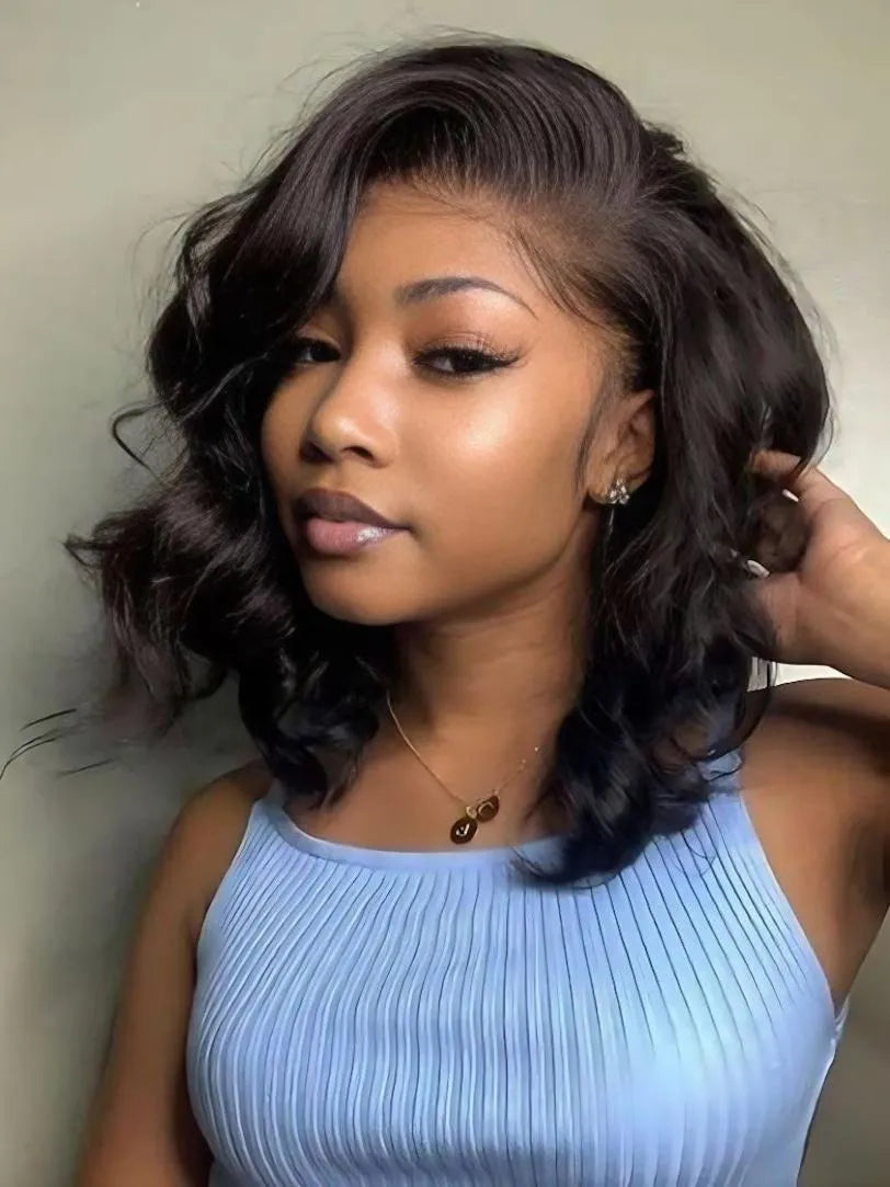 UNice 7x5 Bye-Bye Knots & 4x4 Lace Closure Black Bob Wig With Side Swept Bangs