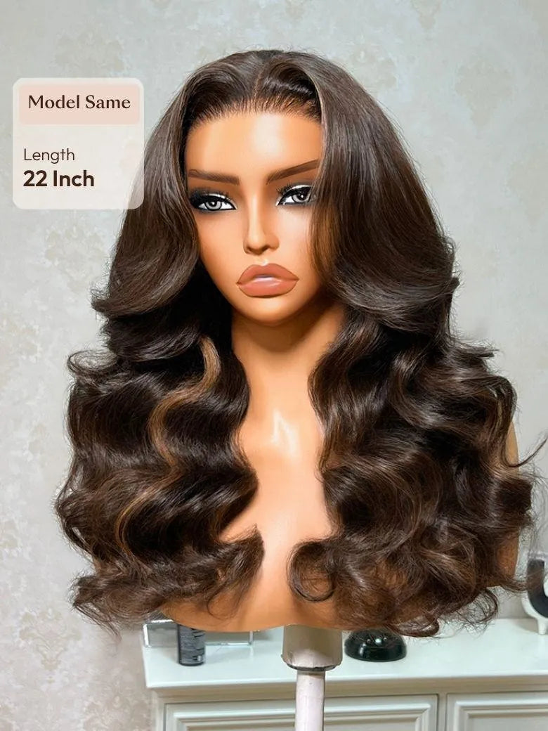 UNice Bye-Bye Slip™ Chocolate Brown Balayage 7×5 Lace Closure Glueless Glam With Highlights Loose Wave Wig With Invisi Drawstring
