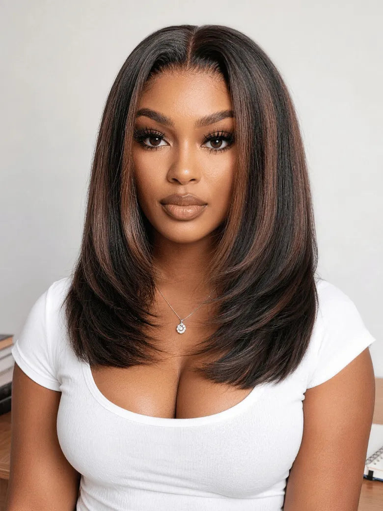UNice Bye Bye Slip™ 7x5 Lace Chocolate Brown with Auburn Highlights Shoulder Length Layered Bob Glueless Wig