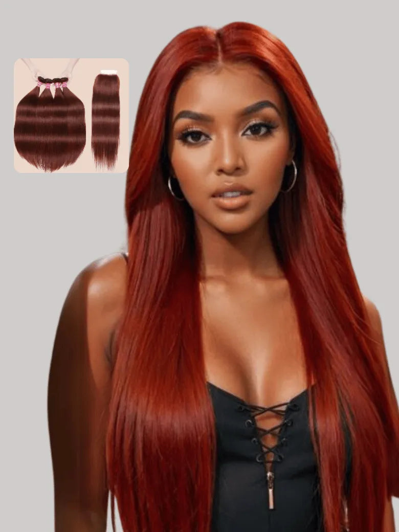 UNice Dark Auburn Straight Remy Human Hair 4 Bundles With Closure Deal