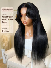 UNice 7x5 Bye Bye Slip™ Glueless Lace Black Yaki Straight Blowout with Soft Body Wave Wig with Curtain Bangs