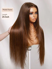 UNice 7x5 Bye-Bye Slip™ Lace Rich Brown with Golden Copper Highlights Layered Straight Glueless Wig with Invisi Drawstring