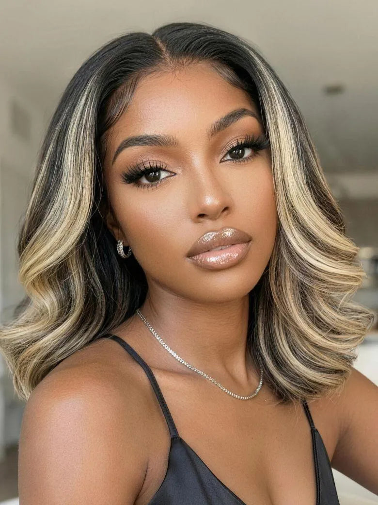 UNice 7x5 Bye Bye Slip™ Lace Dark Brunette with Ash Blonde Highlight Layered Wavy Bob Wig with Invisi Drawstring