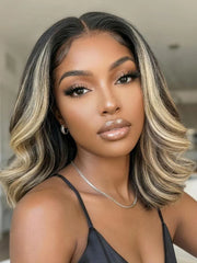 UNice 7x5 Bye Bye Slip™ Lace Dark Brunette with Ash Blonde Highlight Layered Wavy Bob Wig with Invisi Drawstring