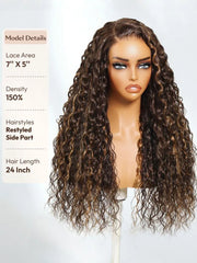 UNice 100% Human Hair Bye-Bye Knots™ 7x5 Lace Dark Toffee Brown with Auburn Highlights Water Wave Wig with Invisi Drawstring