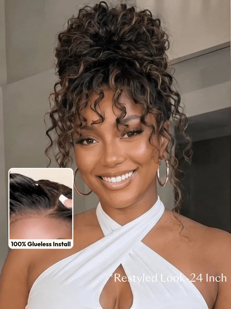 UNice 7x5 Bye-Bye Slip™ Lace 100% Human Hair Water Wave Wig with Golden Brown Highlights Glueless Summer-Ready