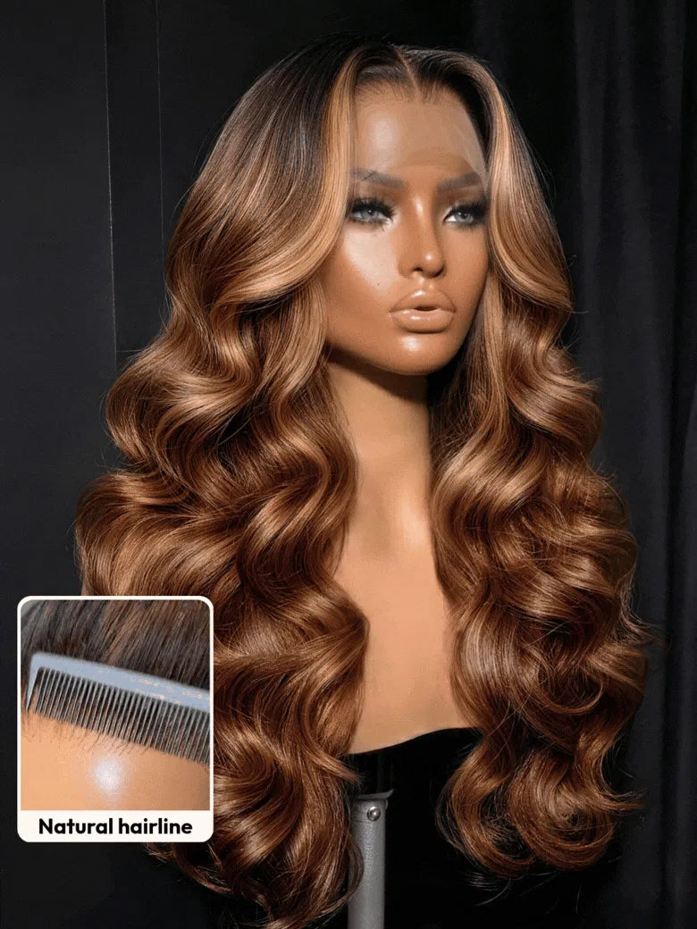UNice 360 HD Lace Pre-plucked Luxury Raw Virgin Hair Caramel Brown With Money Piece Highlights Body Wave Wig