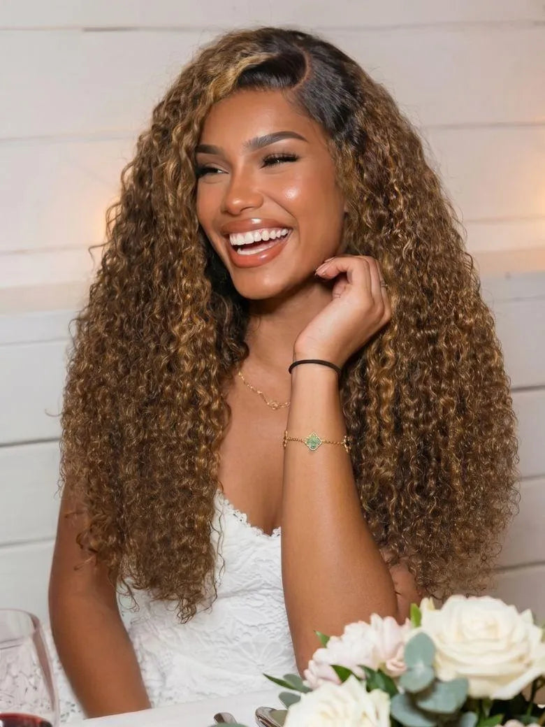 UNice 13x4 Bye Bye Slip™ Lace Frontal Brown with Caramel Highlights Glueless Curly Wig with Dark Roots