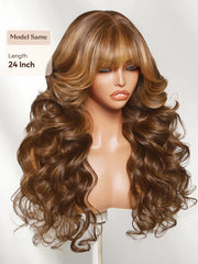 UNice Honey Brown Caramel Highlights Loose Wave Wig Bye-Bye Slip™ 13×4 Lace Front Glueless Glam-Ready Dimensional Color Curtain Bangs