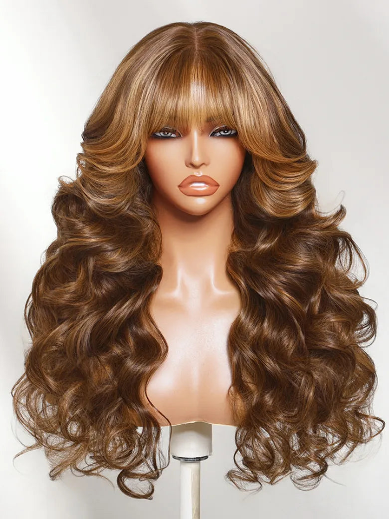 UNice Honey Brown Caramel Highlights Loose Wave Wig Bye-Bye Slip™ 13×4 Lace Front Glueless Glam-Ready Dimensional Color Curtain Bangs
