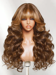 UNice Honey Brown Caramel Highlights Loose Wave Wig Bye-Bye Slip™ 13×4 Lace Front Glueless Glam-Ready Dimensional Color Curtain Bangs