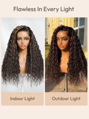 UNice 7x5 Bye-Bye Slip™ Lace 100% Human Hair Water Wave Wig with Golden Brown Highlights Glueless Summer-Ready