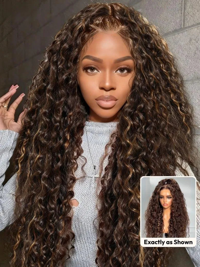 UNice 100% Human Hair Bye-Bye Knots™ 7x5 Lace Dark Toffee Brown with Auburn Highlights Water Wave Wig with Invisi Drawstring
