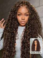 UNice 100% Human Hair Bye-Bye Knots™ 7x5 Lace Dark Toffee Brown with Auburn Highlights Water Wave Wig with Invisi Drawstring